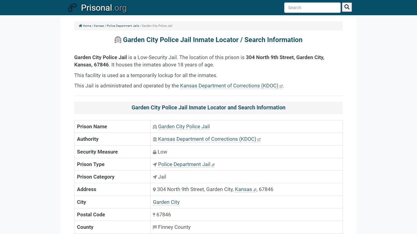 Garden City Police Jail Inmate Locator / Search Information